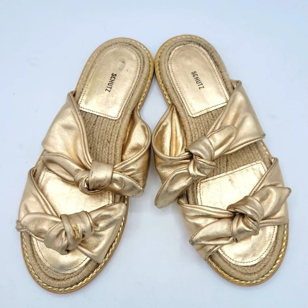 SCHUTZ Metallic Espadrille Slide Sandals Soft Gold Size 37.